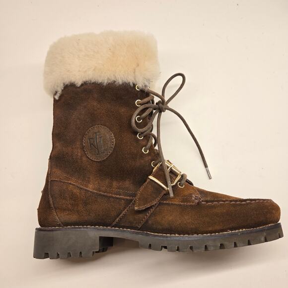 Lauren Ralph Lauren ZABBY Brown Suede Shearling Lace-Up Lug Sole Boots, Sz 8 - Picture 2 of 14